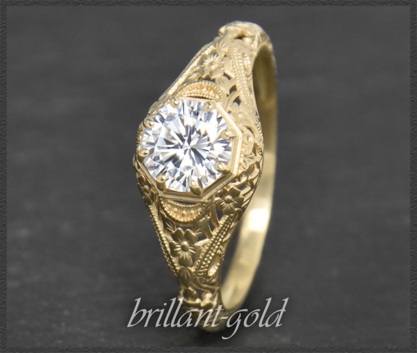 Diamant Ring mit 0,99ct Brillant, 585 Gold, Antik Design